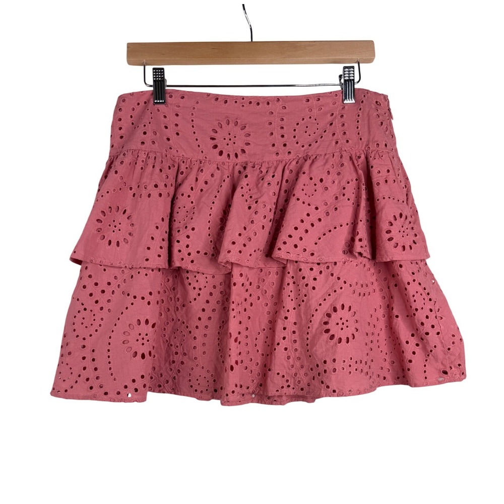 NWT Express Women's Coral Pink High Waisted Eyelet Tiered Ruffle Mini Skirt 10